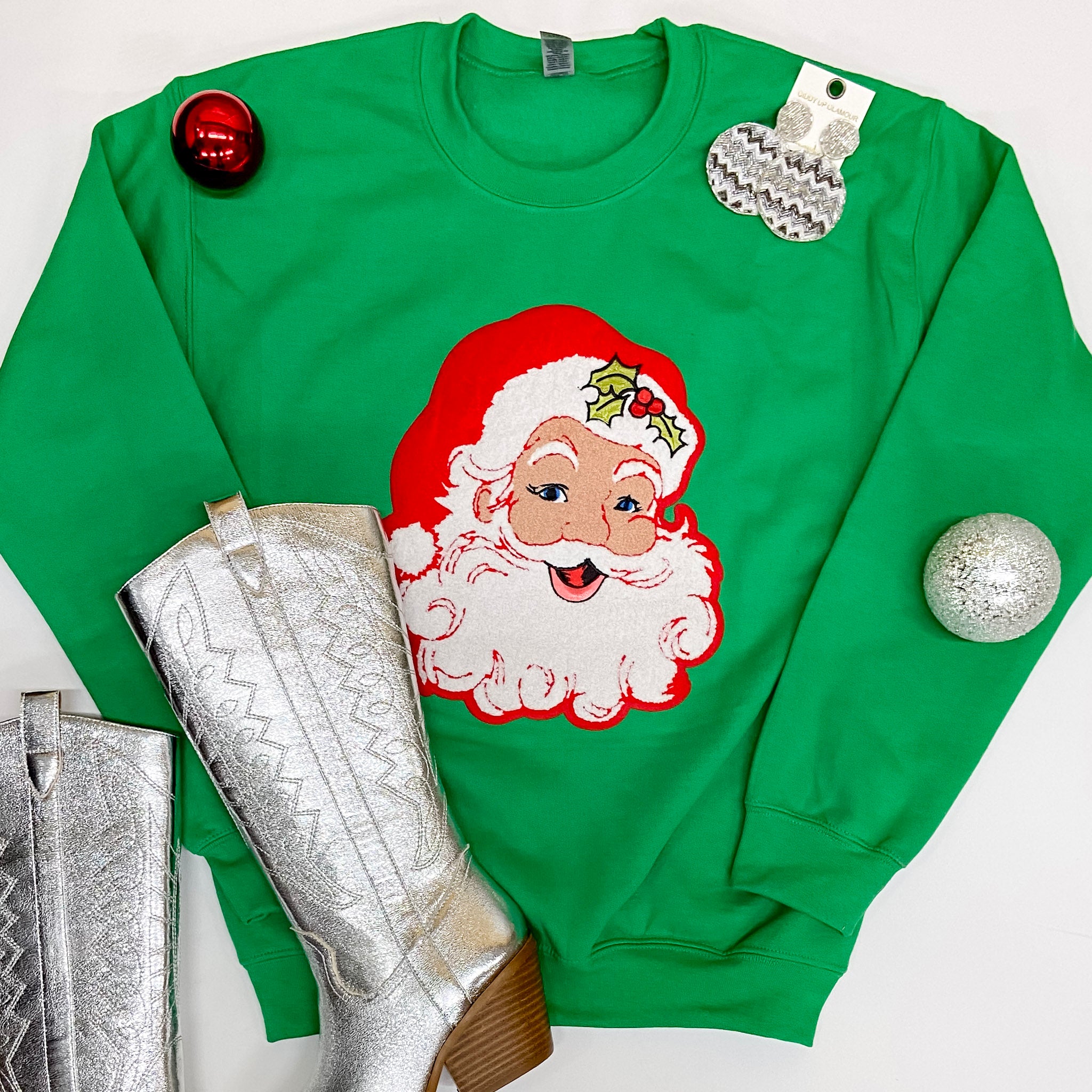 Santa Chenille Patch Graphic Sweatshirt in Green - Giddy Up Glamour Boutique