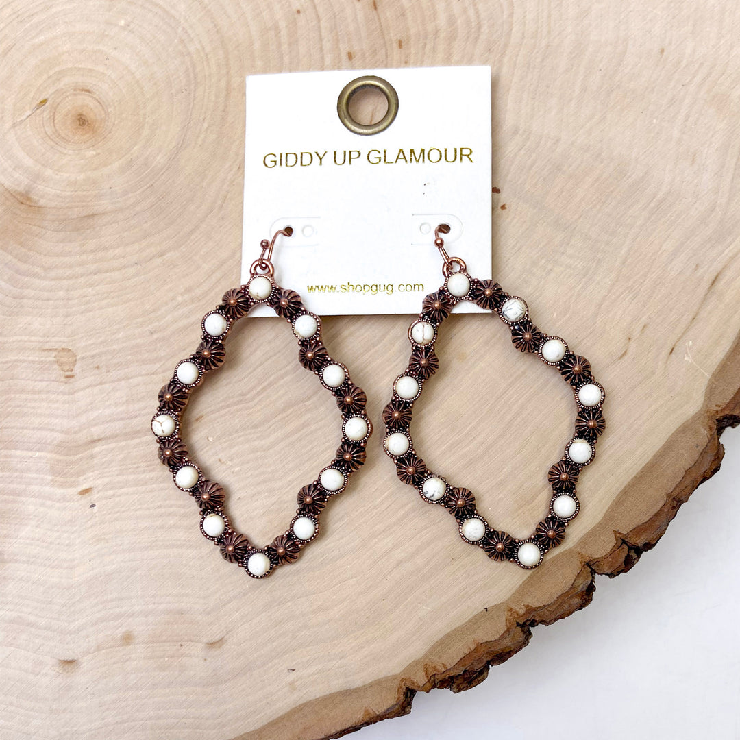 Copper Tone Quatrefoil Earrings with White Stones