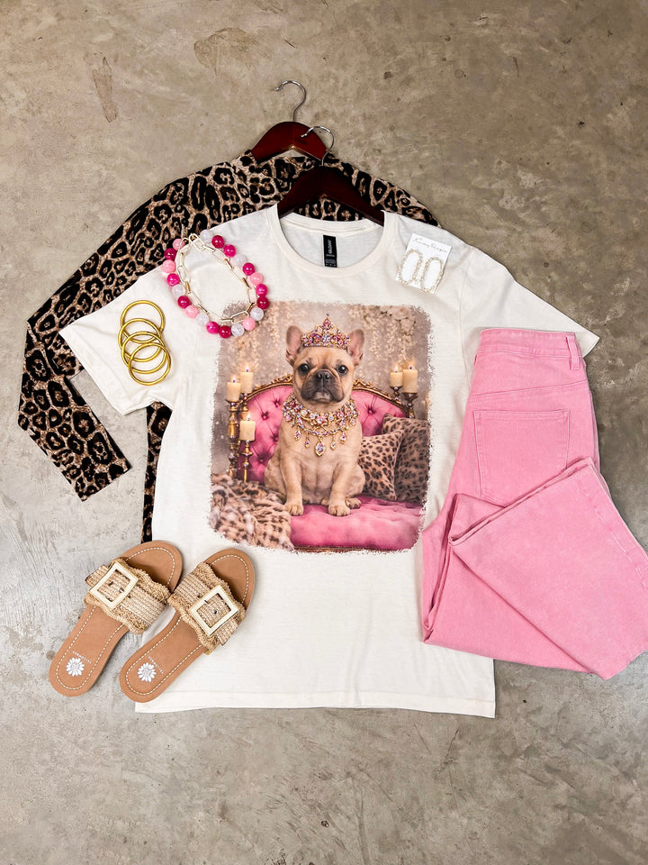 Fancy Francine the French Bulldog Printed Short Sleeve Graphic Tee with Crystals in Cream
