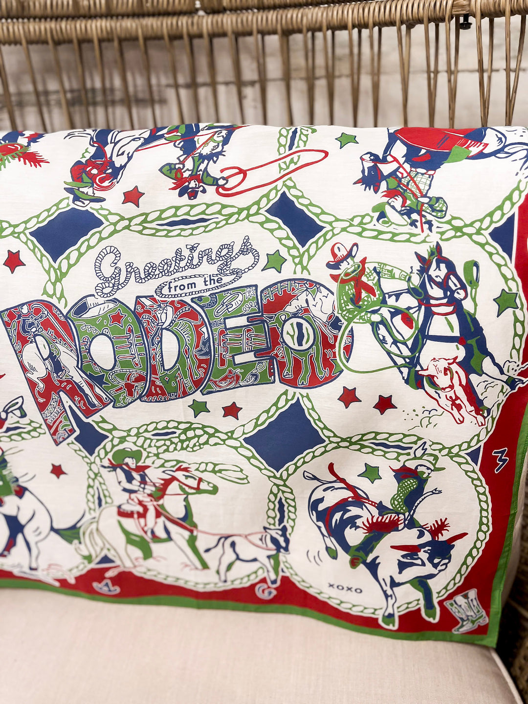 XOXO Art & Co | Greetings from the Rodeo Print Shorty Wild Rag Scarf in Ivory, Green, Red and Blue