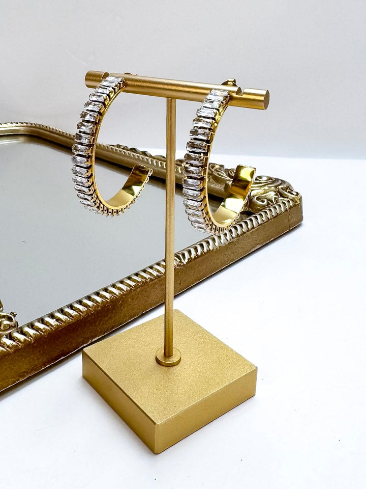 CHANSUTT PEARLS | Large Baguette Rectangle Rhinestone Hoop Earrings in Gold