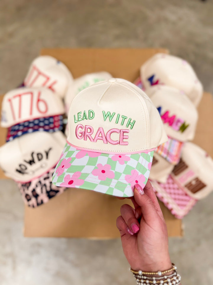 Lead with Grace Foam Trucker Hat with Floral Checkered Bill in Tan