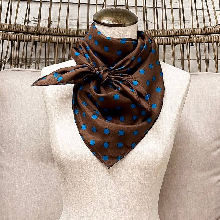 Wyoming Traders | Cowboy Polka Dot Silk Wild Rag Scarf in Mocha Brown and Turquoise