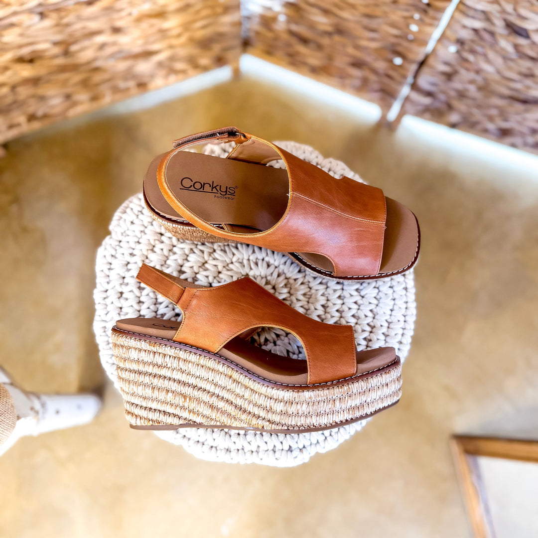 Corky's | Freddie Wedge Sandal with Velcro Strap in Cognac Smooth