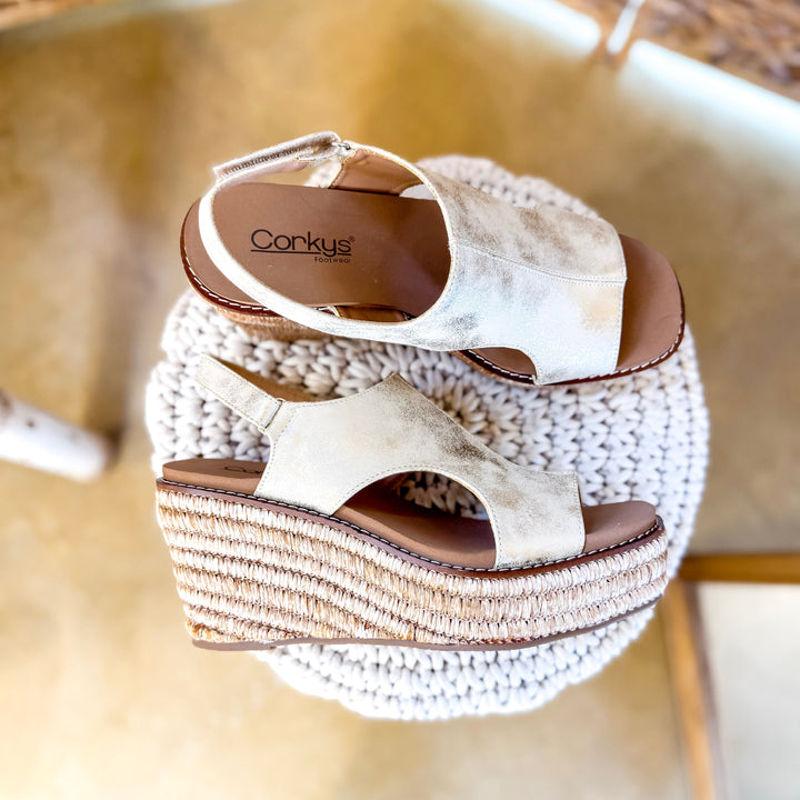 Corky's | Freddie Wedge Sandal with Velcro Strap in Gold Washed Metallic
