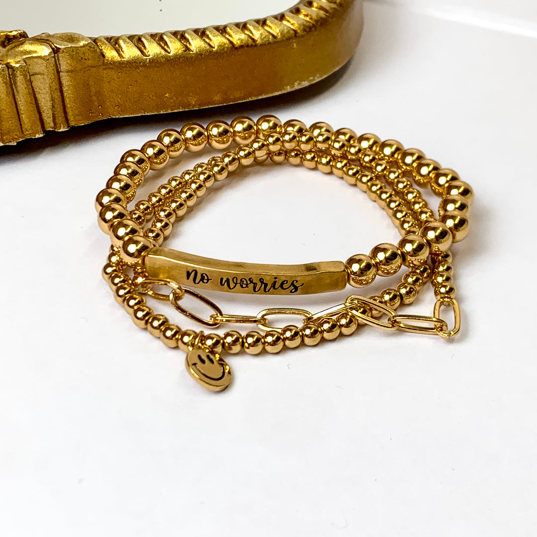 No Worries Beaded Bracelet Set in Gold - Giddy Up Glamour Boutique