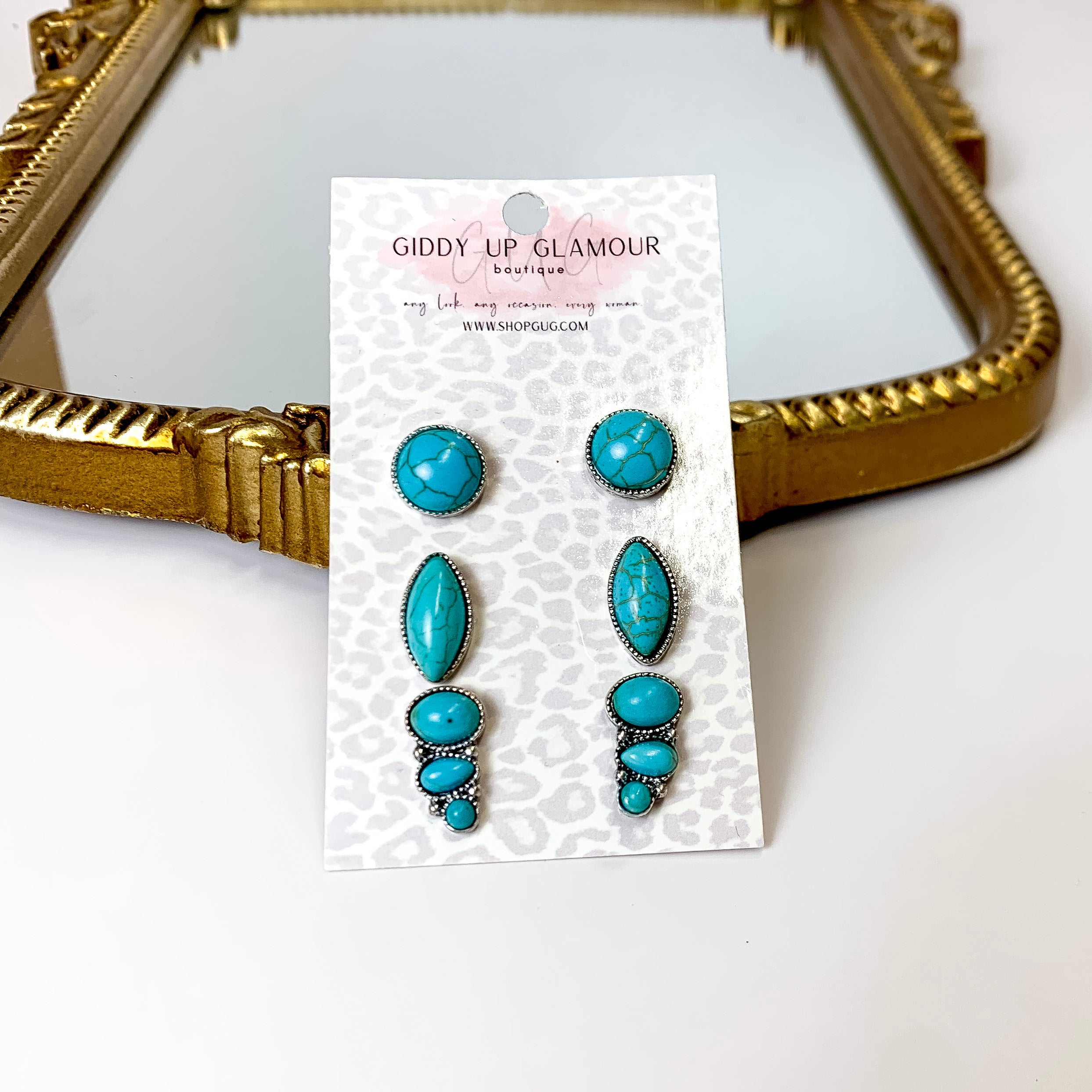 Set Of Three | Faux Stone Silver Tone Stud Set in Turquoise - Giddy Up Glamour Boutique