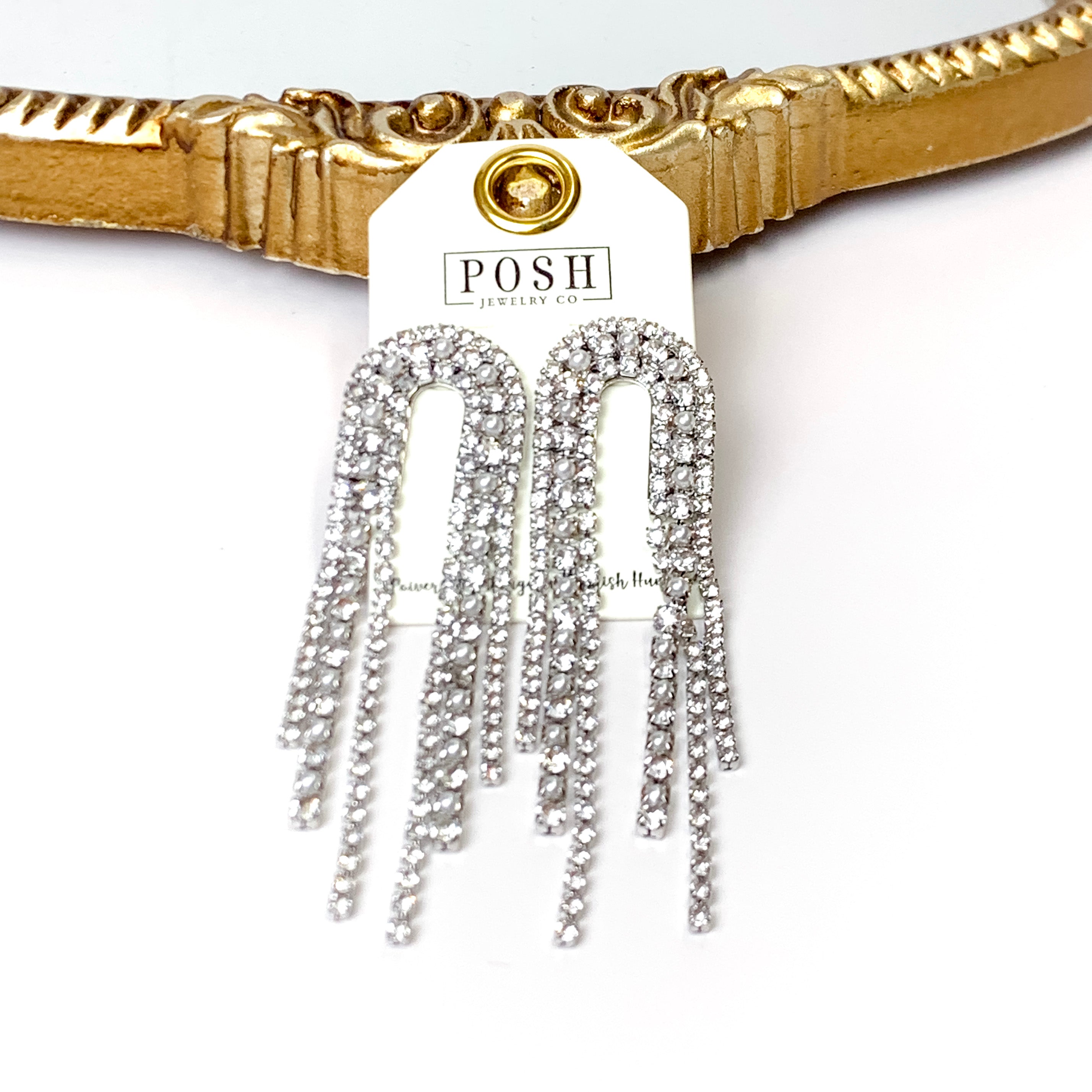 Posh By Pink Panache | Arched Fringe Earrings with Pearl Accents in Silver Tone - Giddy Up Glamour Boutique