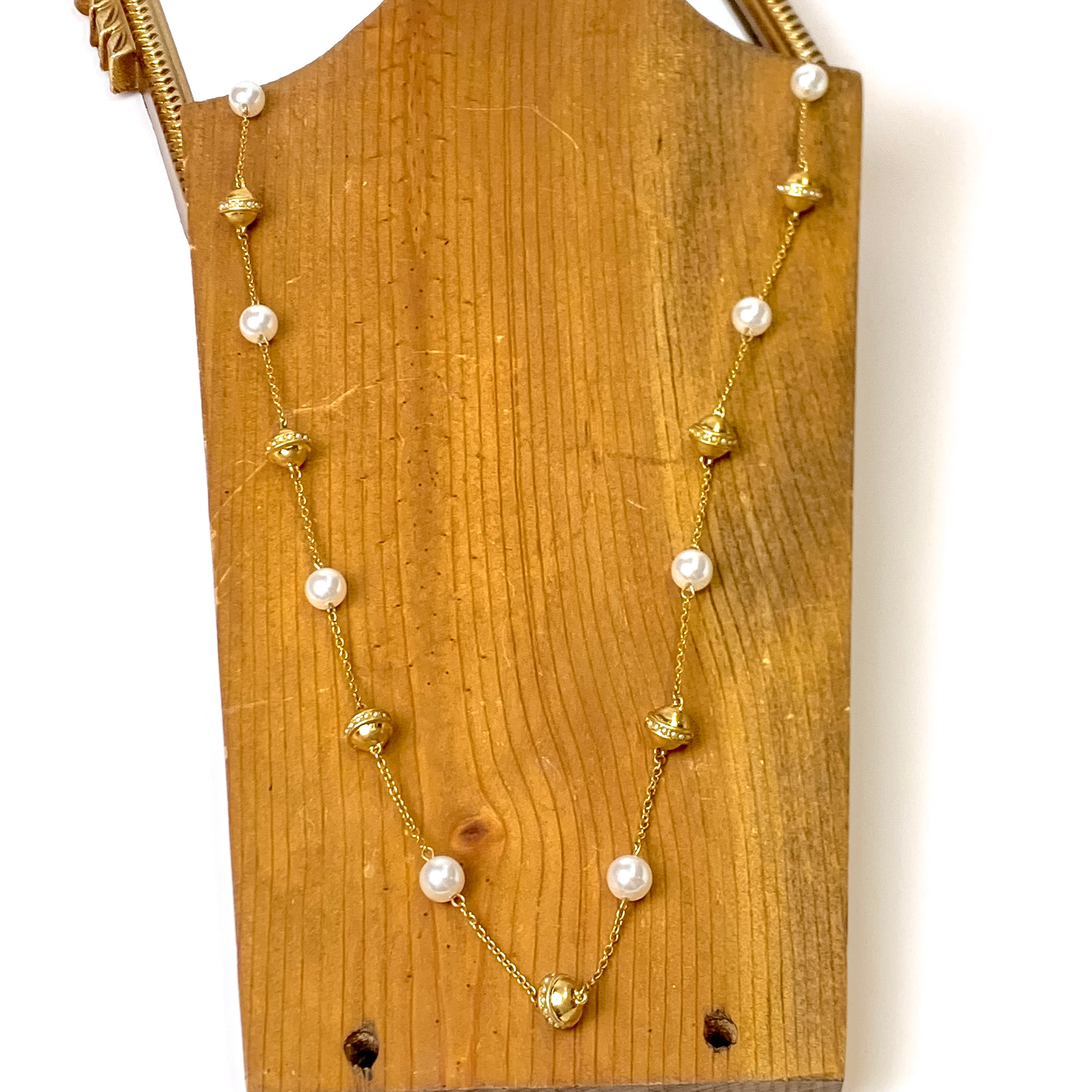 Long Gold Tone Necklace with Gold and Pearl Bead Accents - Giddy Up Glamour Boutique