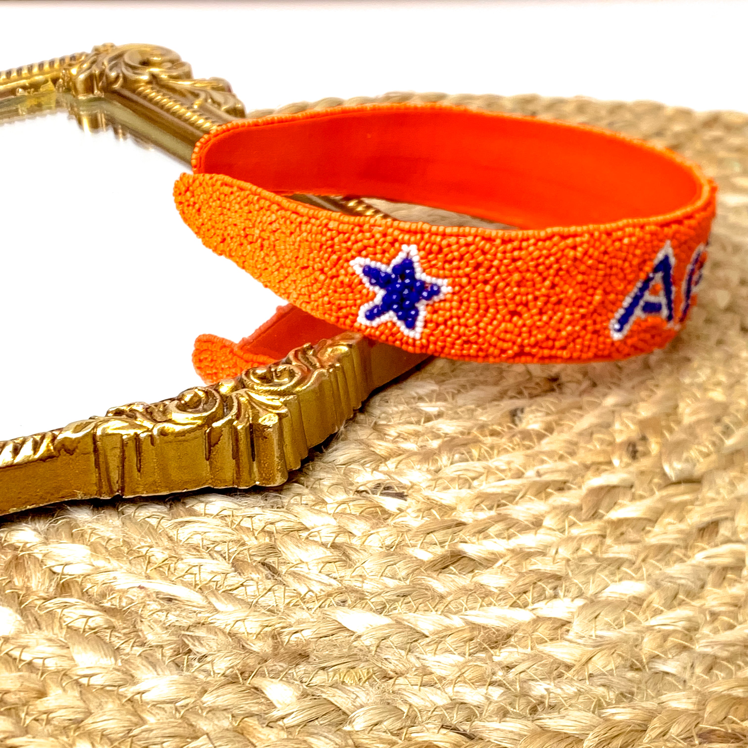 Team Spirit Astros Orange Seed Bead Headband with Navy Blue and White Stars - Giddy Up Glamour Boutique