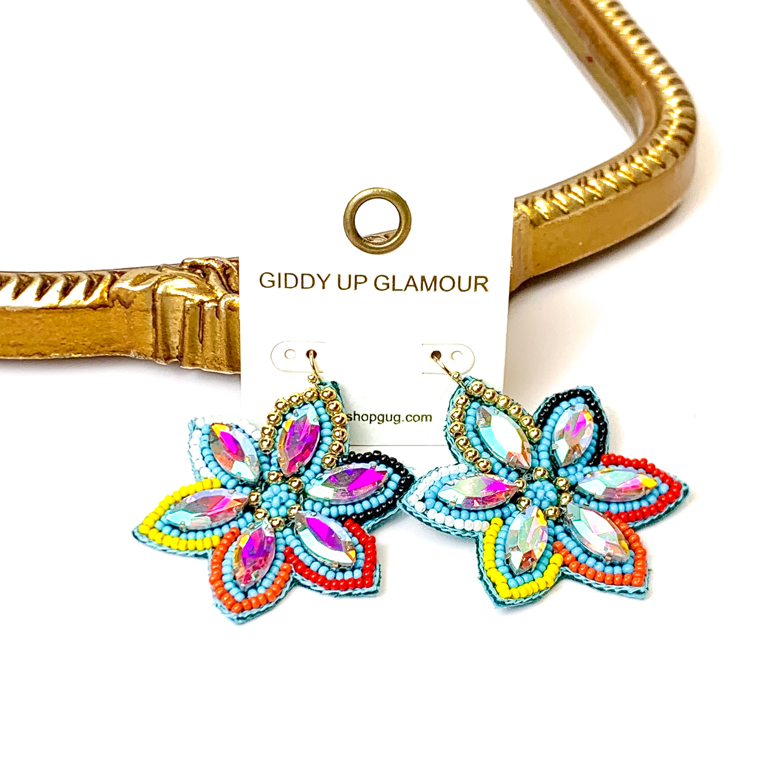 Desert Daisy Multicolored Flower Shaped Earrings with AB Crystal Accents in Turquoise Blue