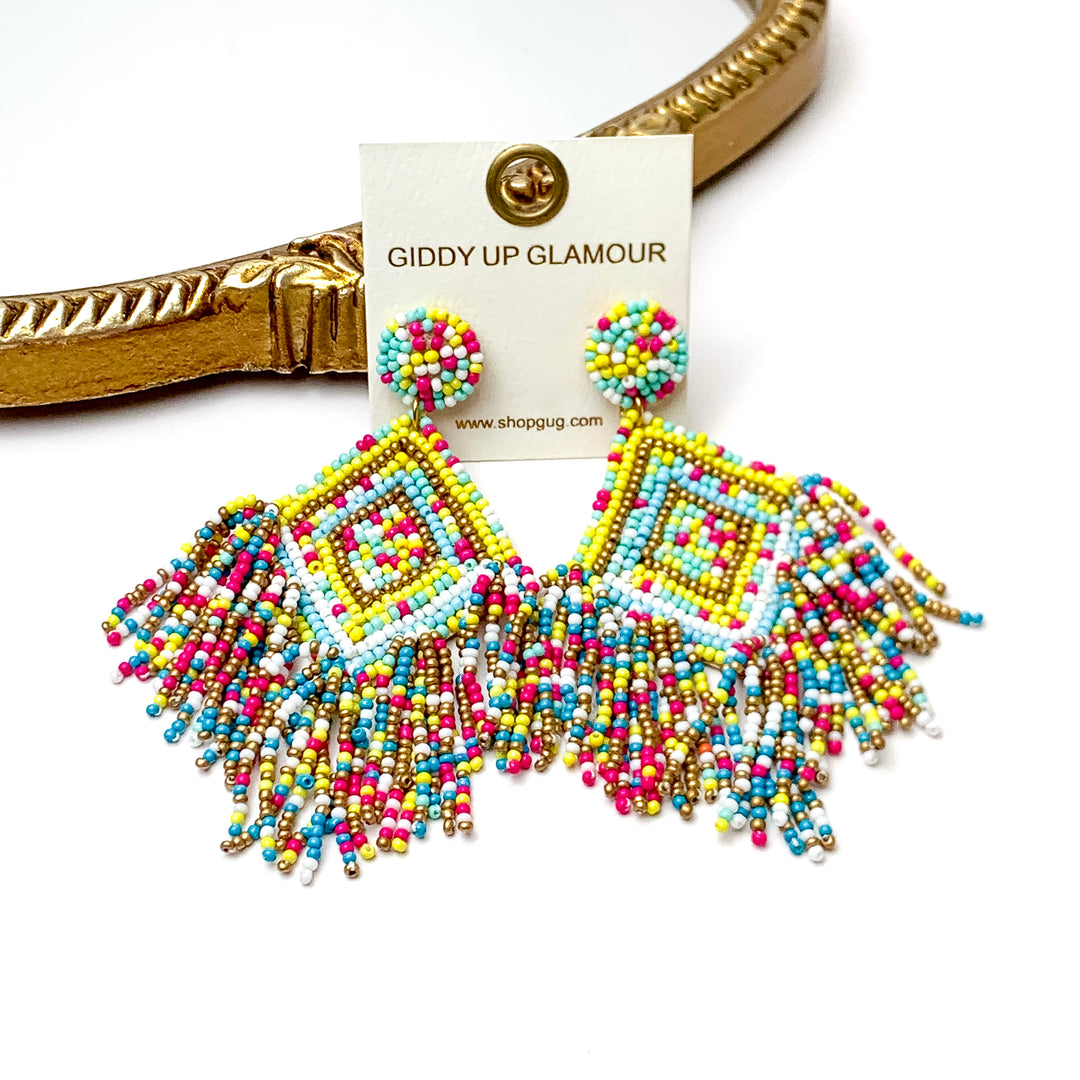 Diamond Shaped Seed Bead Earrings with Seed Bead Tassel Fringe in Multicolor - Giddy Up Glamour Boutique