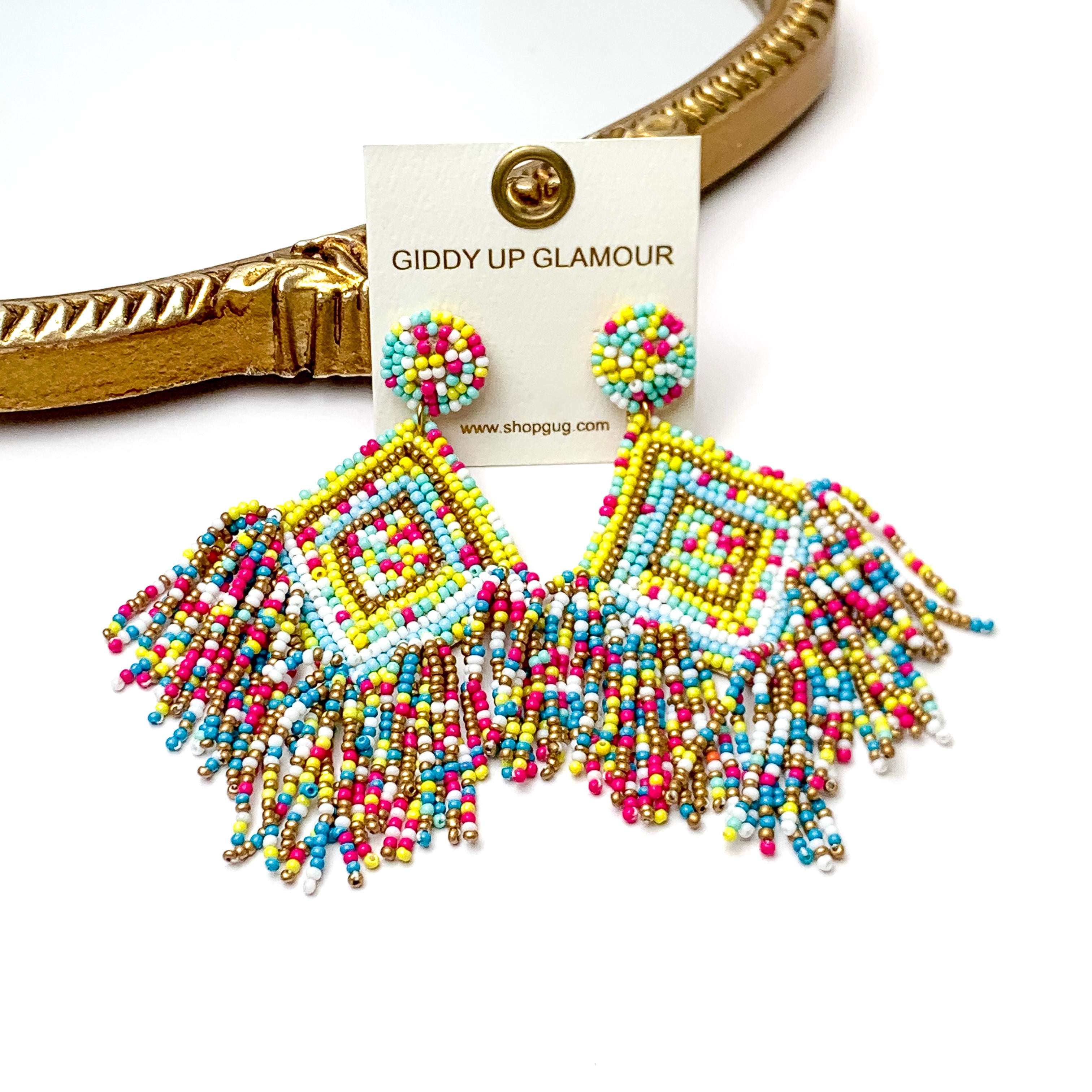Diamond Shaped Seed Bead Earrings with Seed Bead Tassel Fringe in Multicolor - Giddy Up Glamour Boutique