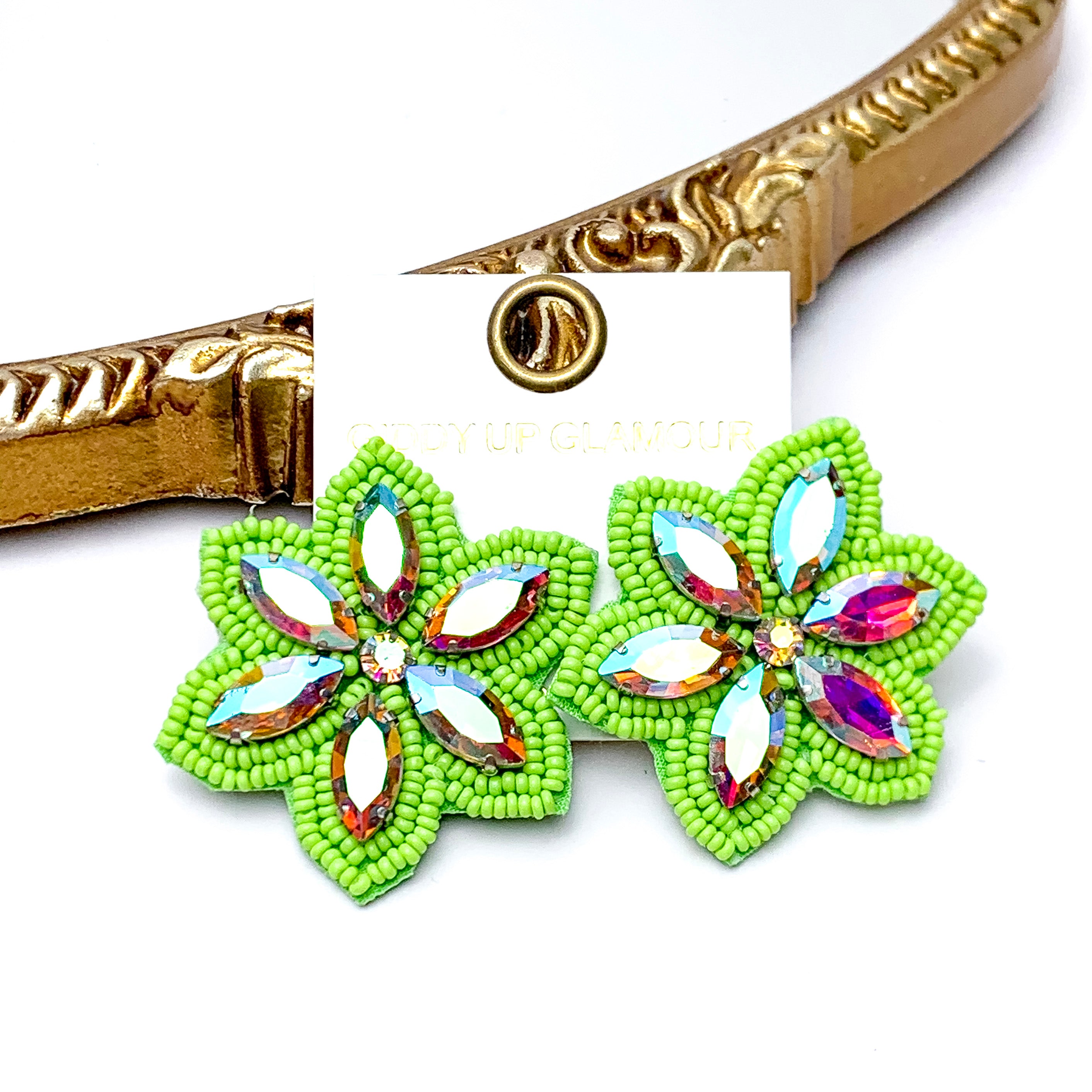 Prismatic Petals Seed Bead Flower Stud Earrings with AB stones in Lime Green
