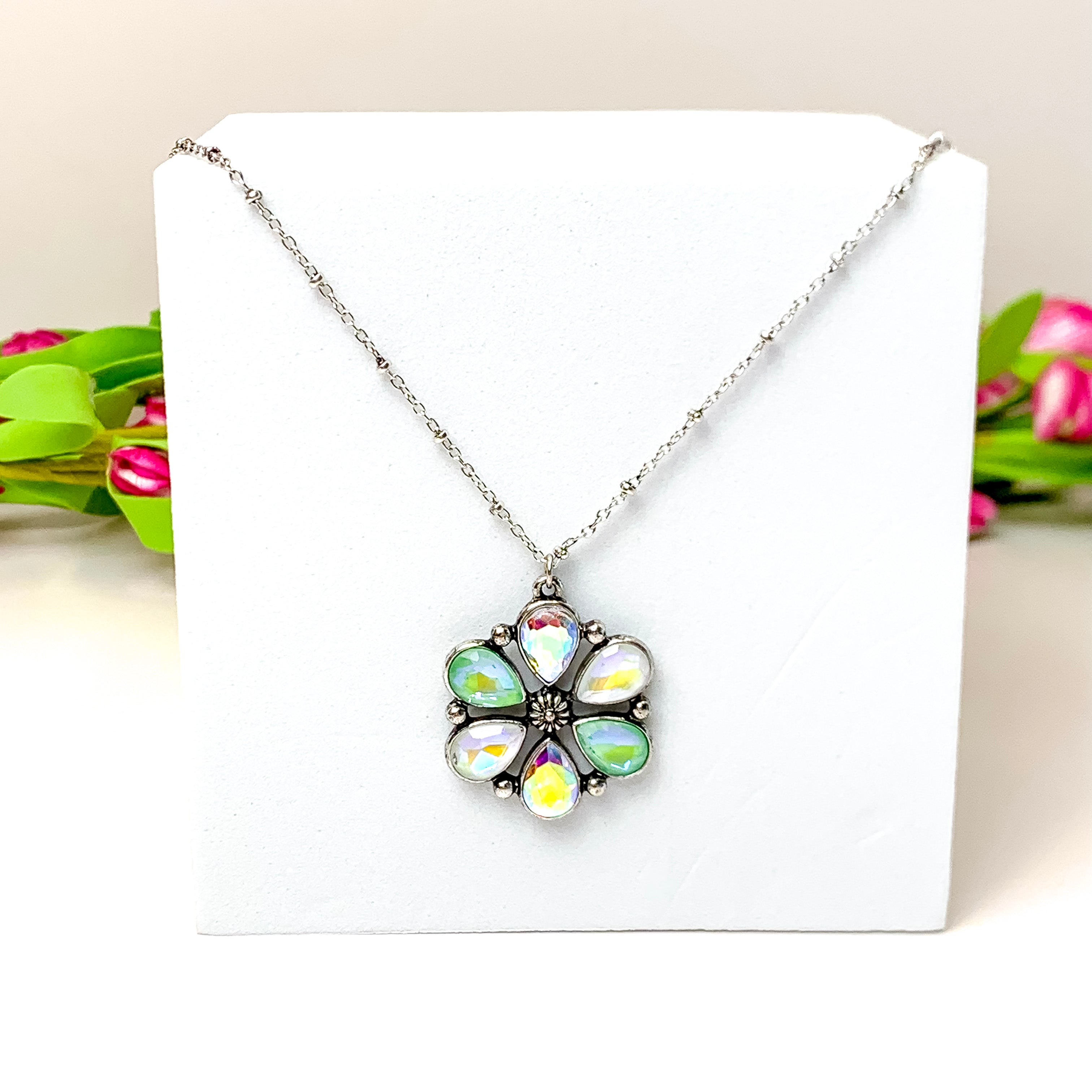 Petal Perfection Silver Tone Flower Pendant Necklace in Green and Ivory