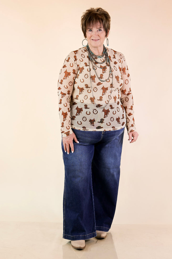 The Perfect Layer Western Icons Print Mesh Long Sleeve Top in Cream and Brown
