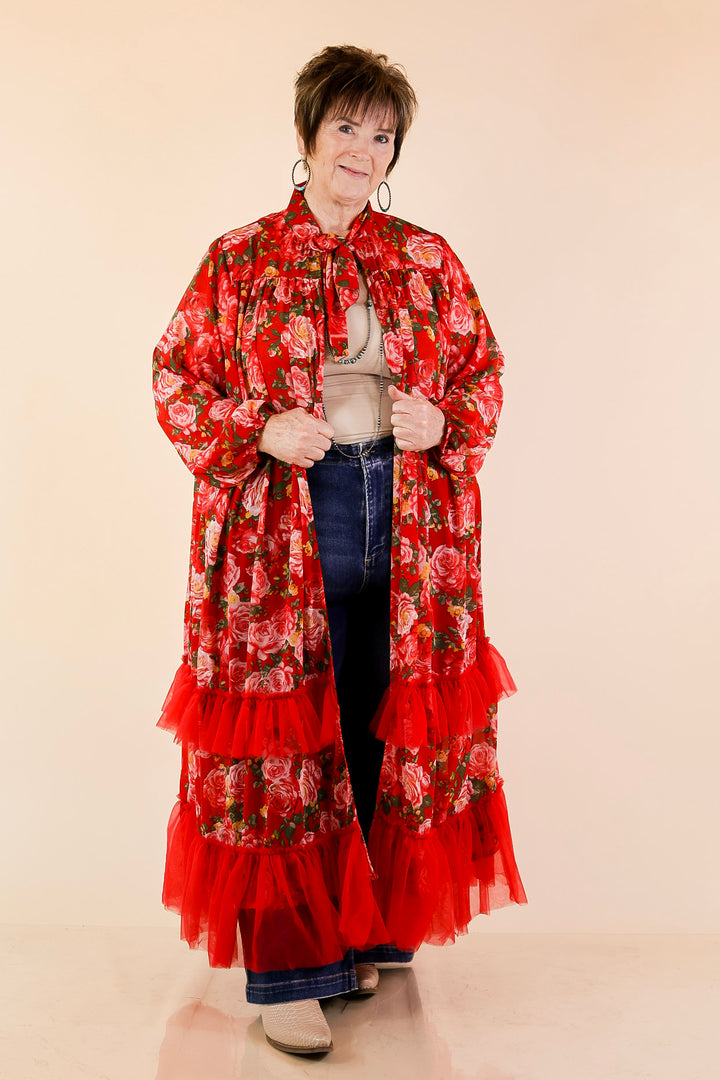 Scarlet Romance Neck Tie Closure Red Rose Floral Drape Statement Kimono Cape in Red