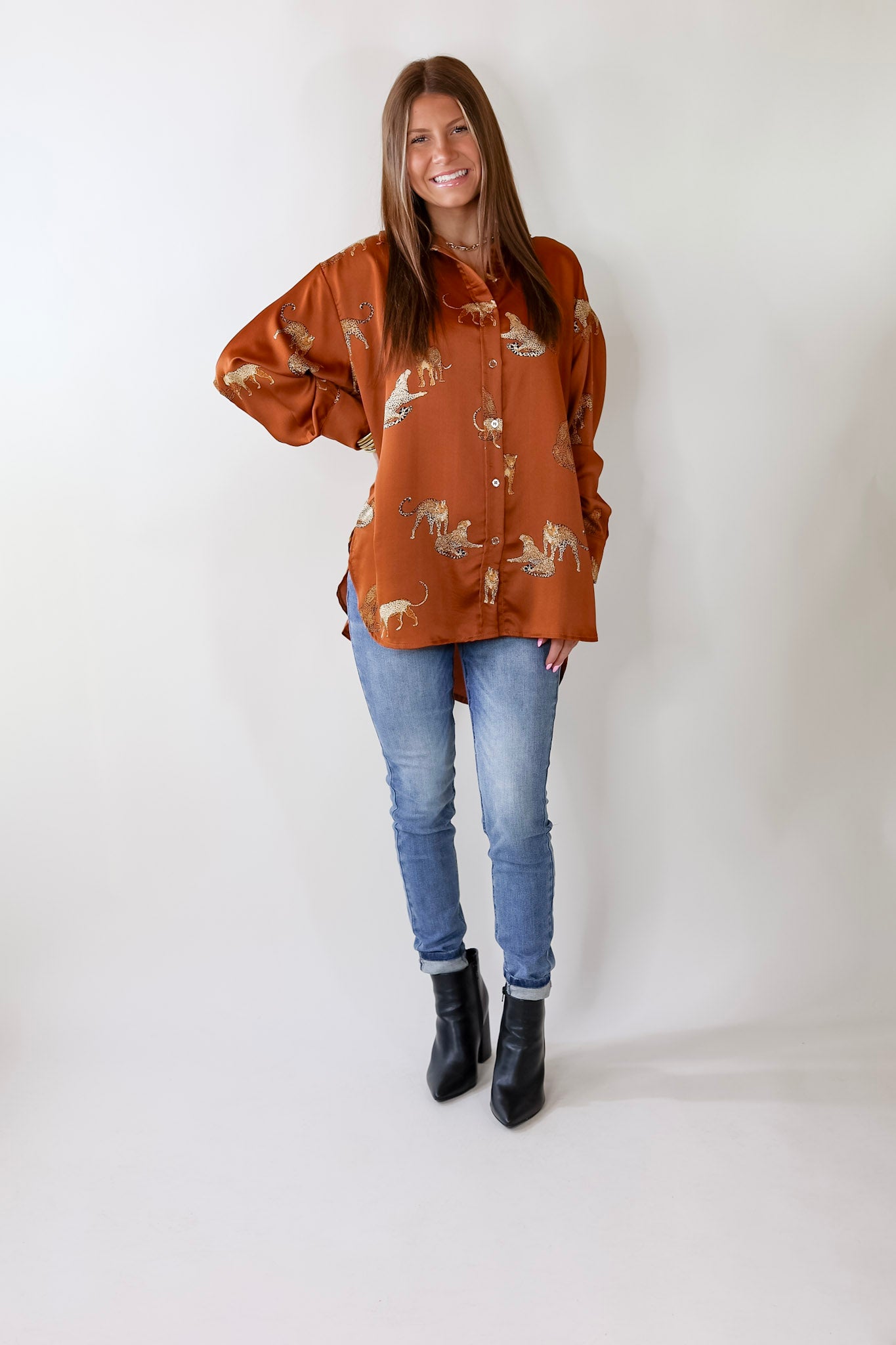 Tell Me Something Good Cheetah Print Long Sleeve Button Up Top in Camel Brown