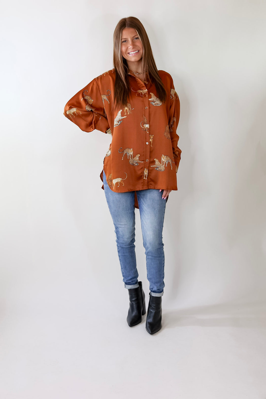 Tell Me Something Good Cheetah Print Long Sleeve Button Up Top in Camel Brown - Giddy Up Glamour Boutique
