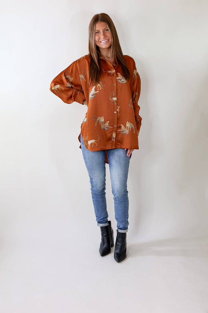 Tell Me Something Good Cheetah Print Long Sleeve Button Up Top in Camel Brown - Giddy Up Glamour Boutique