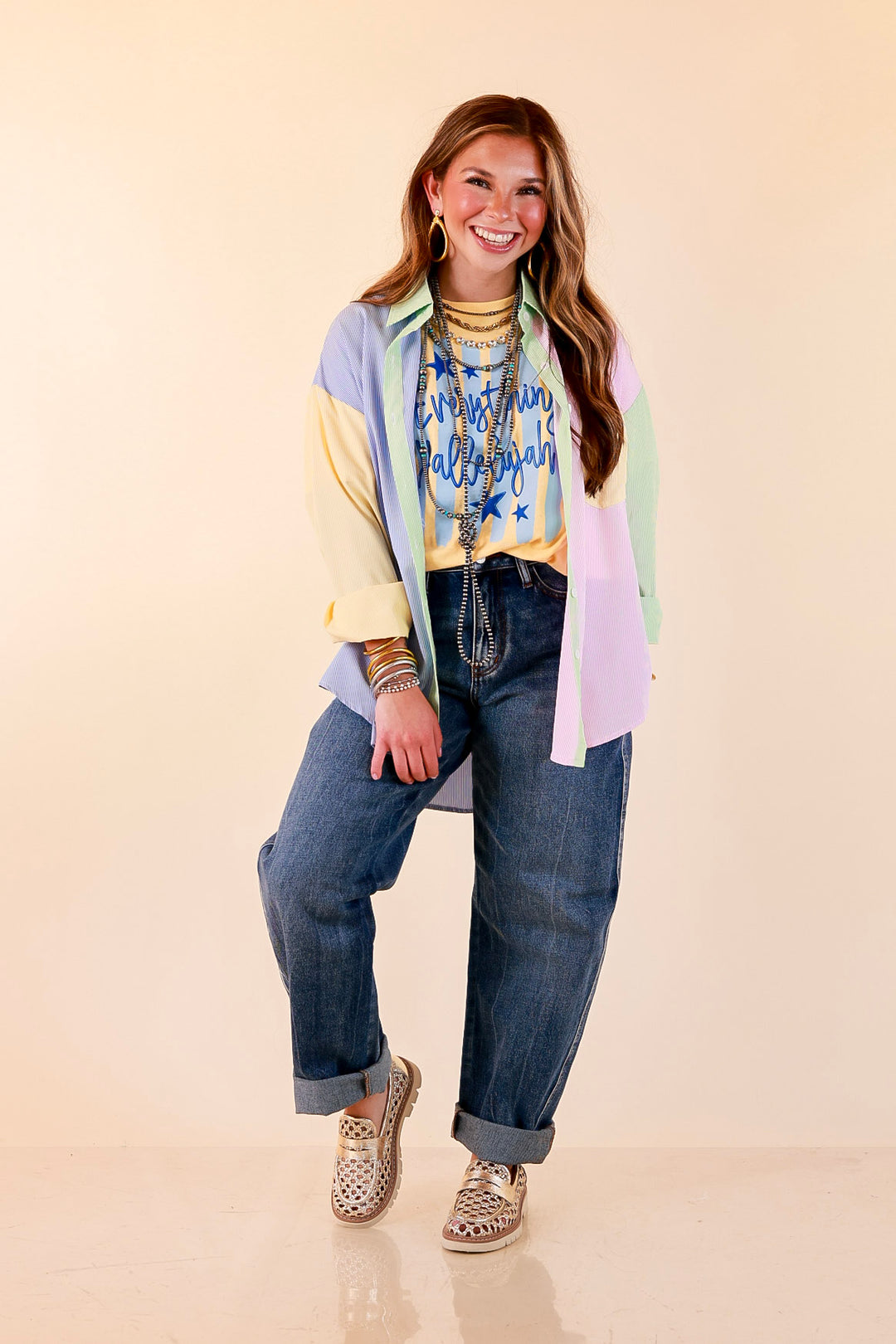 GUG Original | Sweet Harmony Long Sleeve Button Down Color Block Pinstripe Shirt in Bright Mix