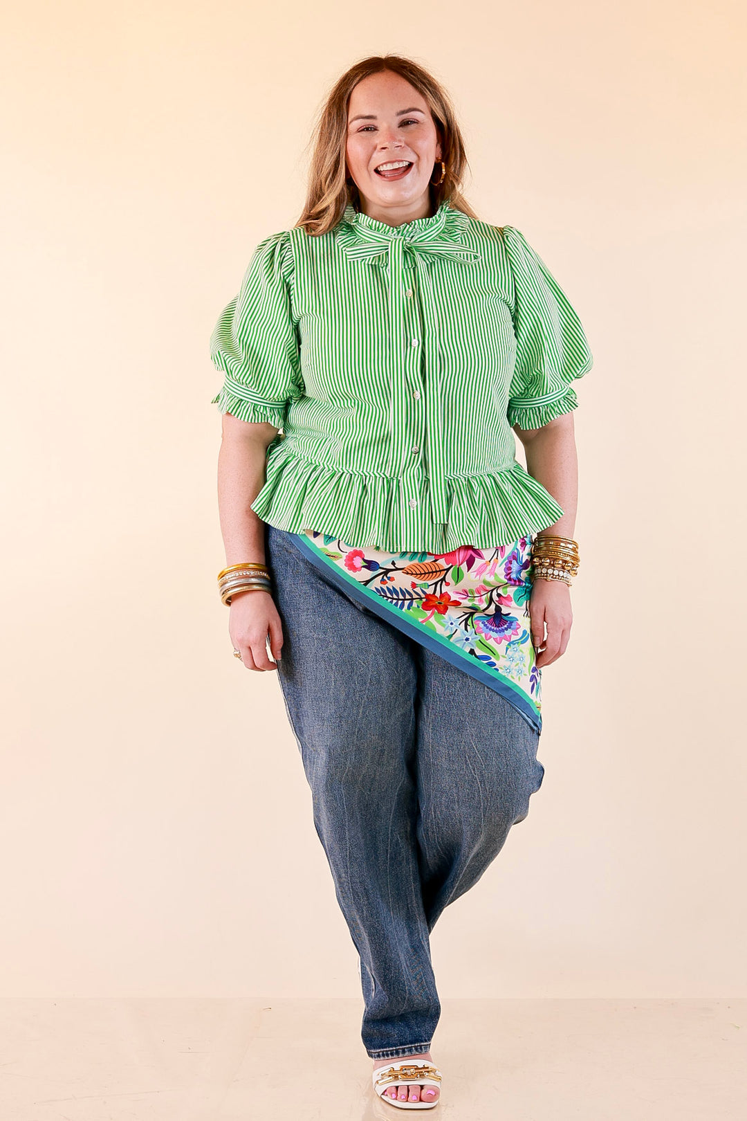 Tea Time Charm Tie Neck Puff Sleeve Peplum Button Front Stripe Blouse in Kelly Green