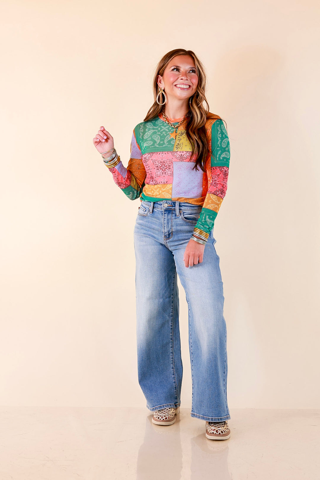 Western Dream Patchwork Paisley Bandana Print Sheer Mesh Long Sleeve Top in Multicolor