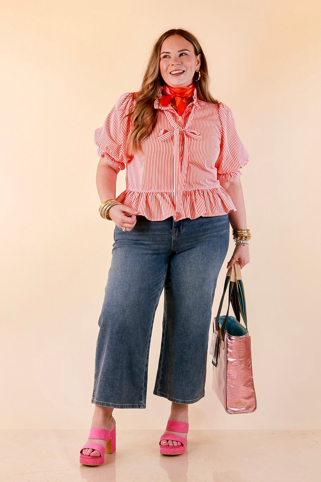 Tea Time Charm Tie Neck Puff Sleeve Peplum Button Front Stripe Blouse in Orange