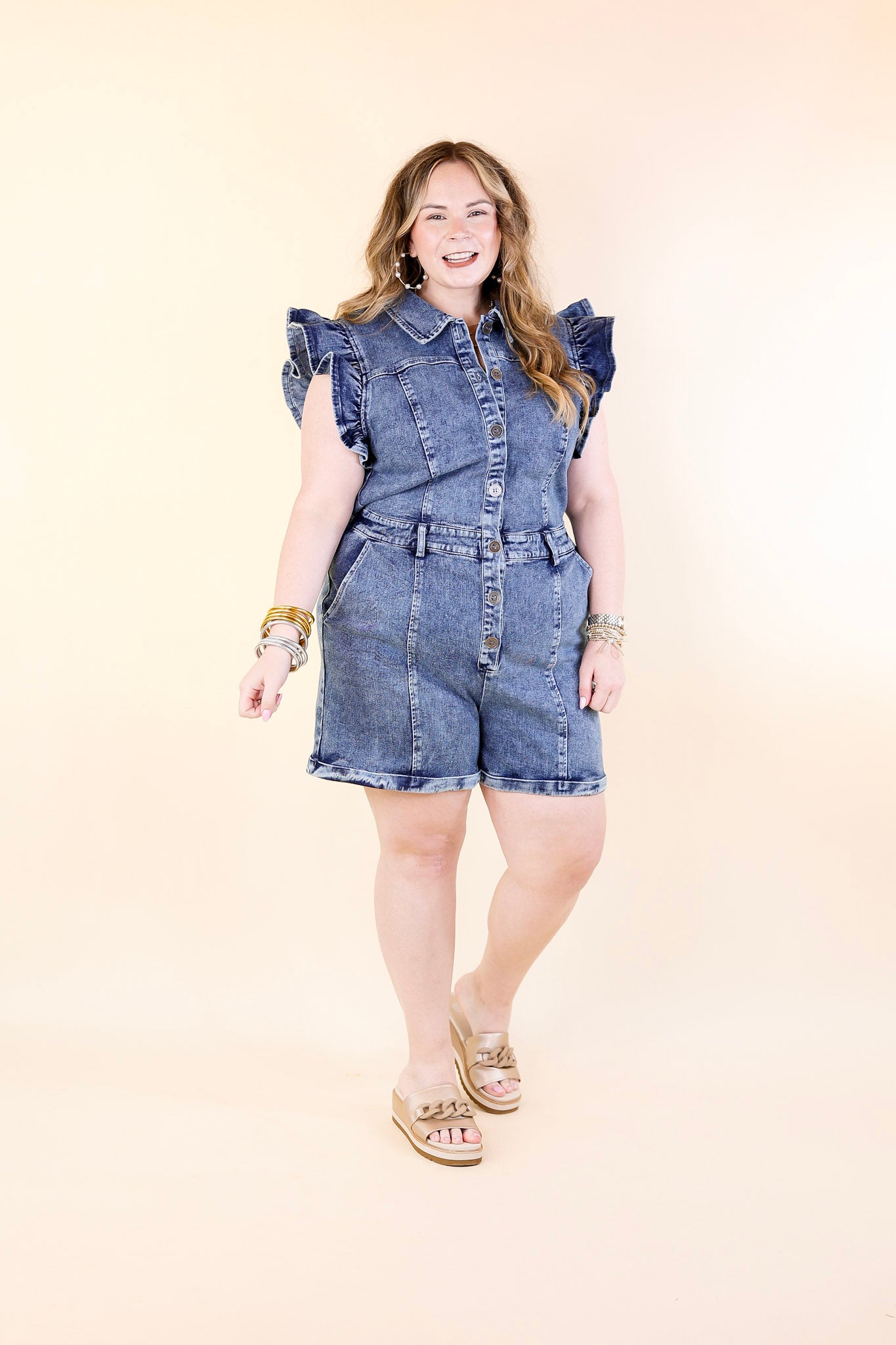 Feminine Flair Denim Romper with Ruffles and Collar in Medium Wash