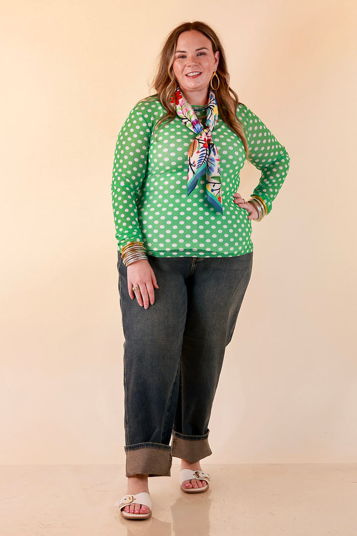 The Essential Layer Polka Dot Print Sheer Mesh Long Sleeve Top in Kelly Green