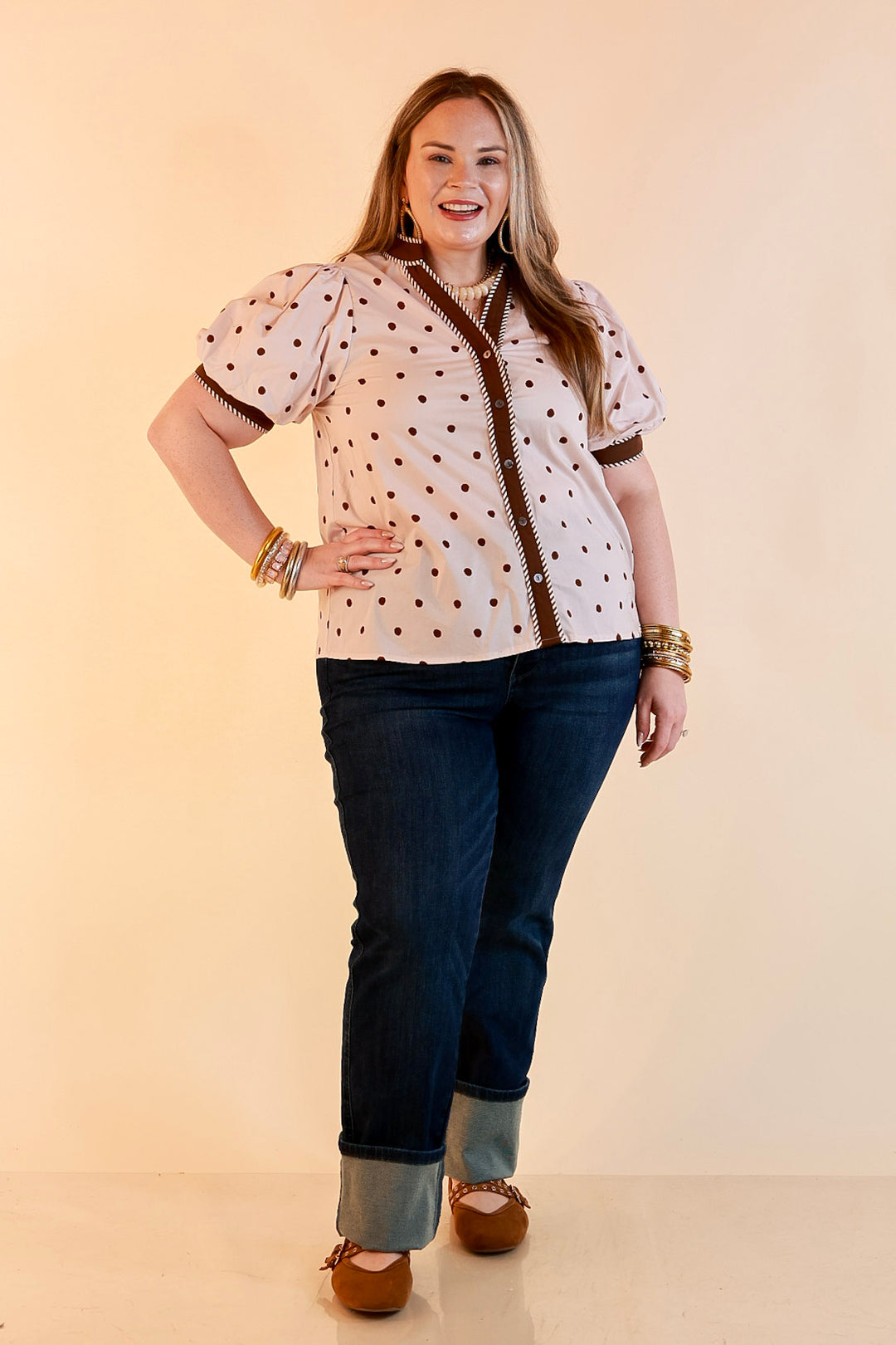 Pop of Polish Short Puff Sleeve Button Front Polka Dot Print Top with Contrast Trim in Ivory and Chocolate Brown