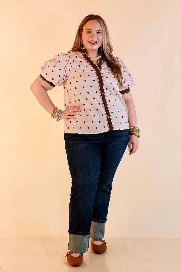 Pop of Polish Short Puff Sleeve Button Front Polka Dot Print Top with Contrast Trim in Ivory and Chocolate Brown