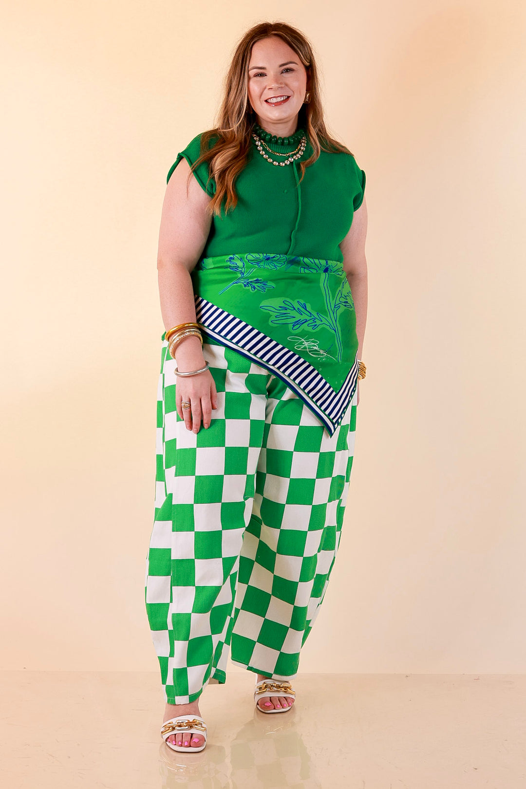 Check Me Out Wide Leg Checkered Print Barrel Denim Jean in Green