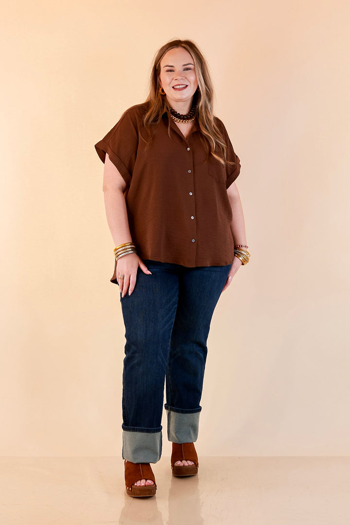 Timeless Appeal Woven Airflow Button Front Top with Rolled Cuff Short Sleeves and Front Pocket in Chocolate Brown