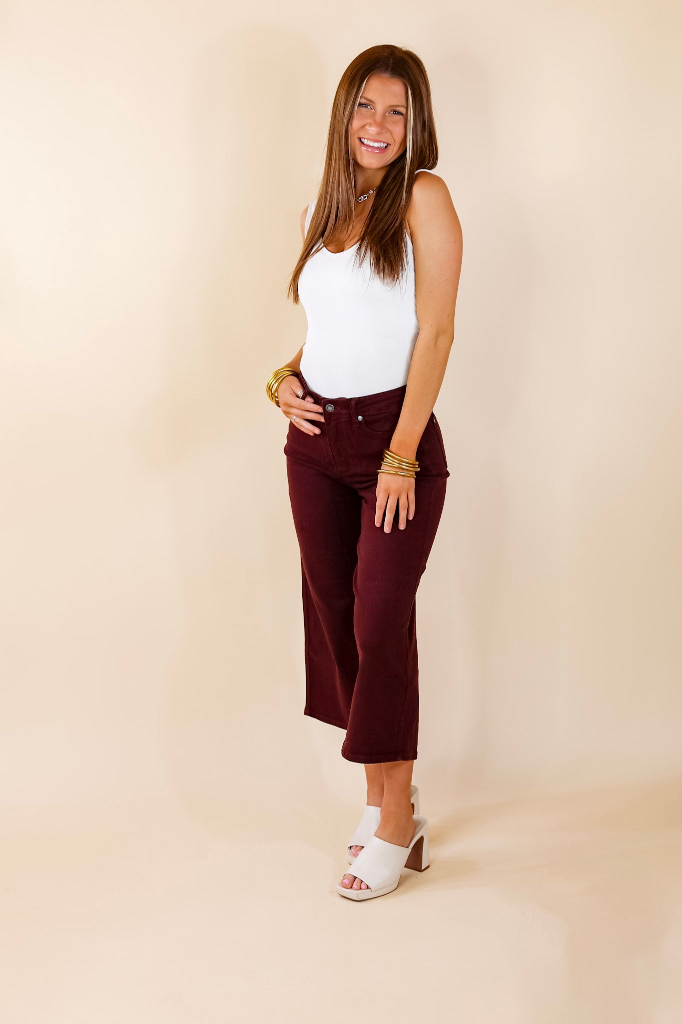 Judy Blue | Remarkable Style Tummy Control Garment Dyed Cropped Jeans in Maroon - Giddy Up Glamour Boutique