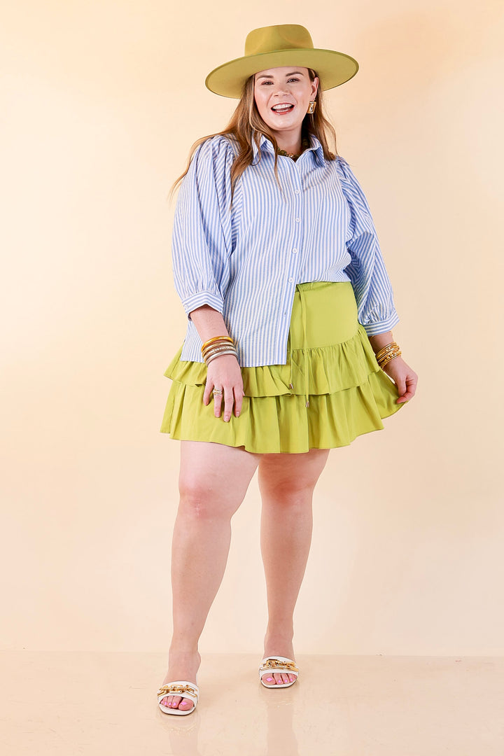 Crisp and Collected Stripe Button Front Collared Top with Puff Short Sleeves in Blue and White