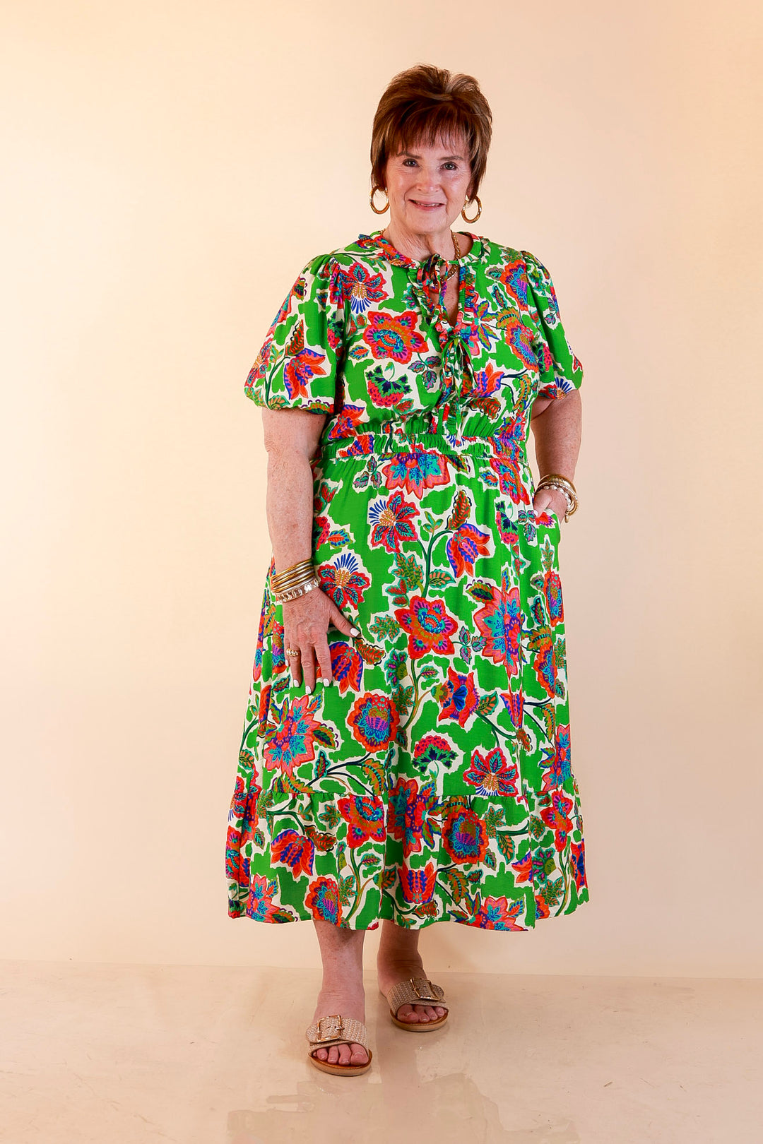 Color Me Happy Floral Print Midi Dress with Tie Neckline and Puff Sleeves in Green