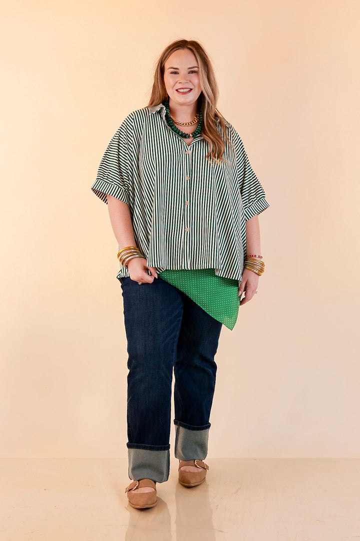 Perfectly Aligned Button Down Collared Top with Vertical Ivory Stripe Detail in Forest Green
