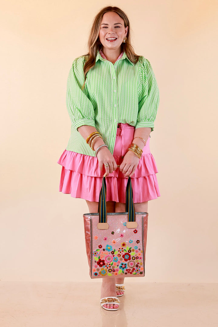 Crisp and Collected Stripe Button Front Collared Top with Puff Short Sleeves in Lime Green and White