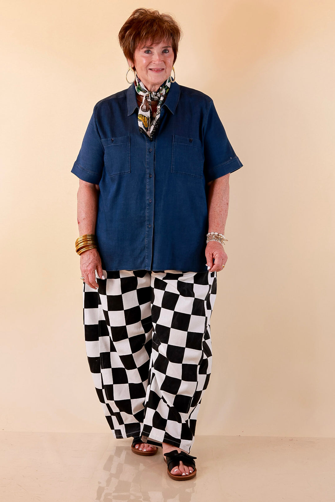 Check Me Out Wide Leg Checkered Print Barrel Denim Jean in Black