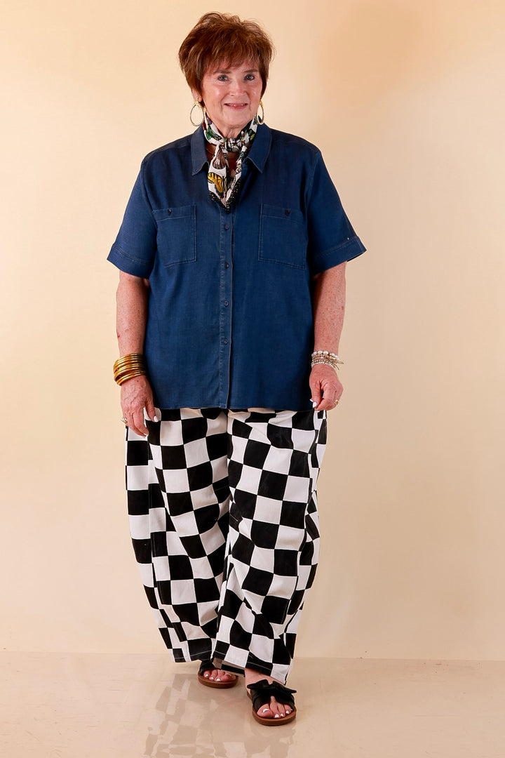 Check Me Out Wide Leg Checkered Print Barrel Denim Jean in Black