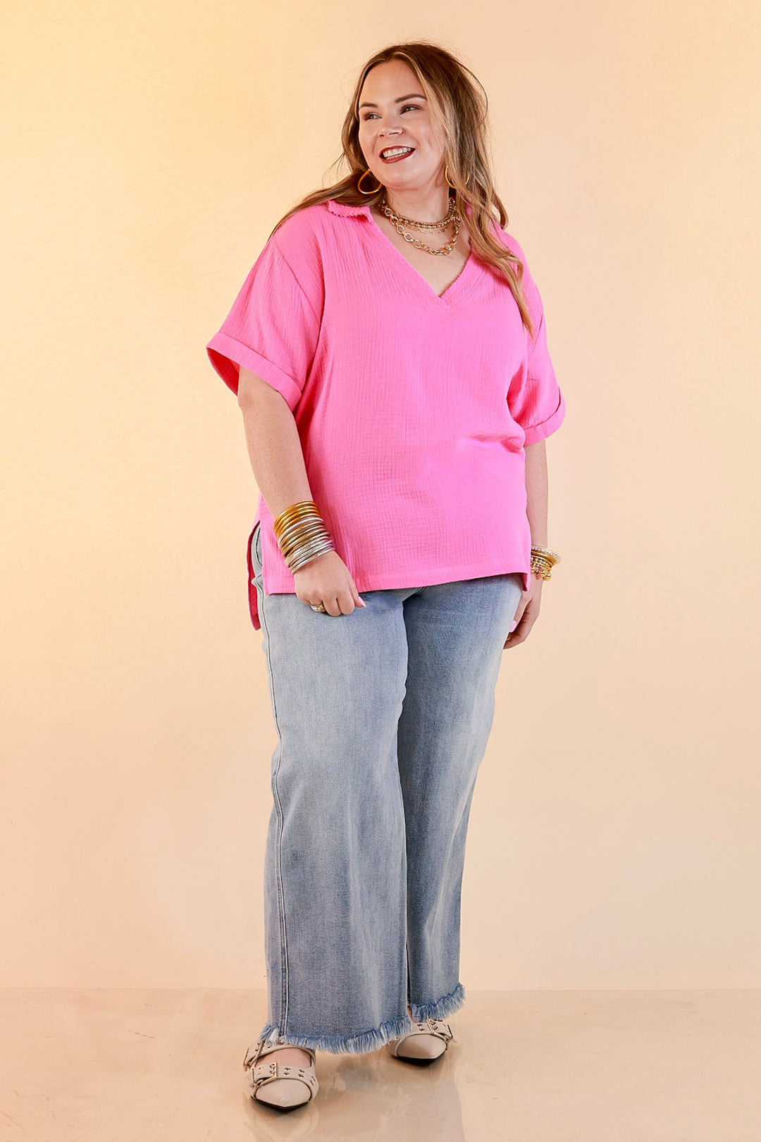 Quite Appropriate Short Sleeve Collared V Neck Linen Top with Rolled Sleeve Detail in Pink
