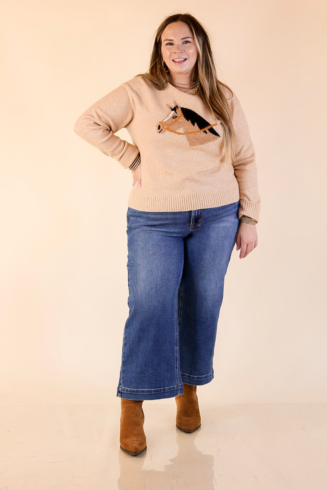 Simply Southern | Finest Touch Crewneck Sweater with Horse in Brown