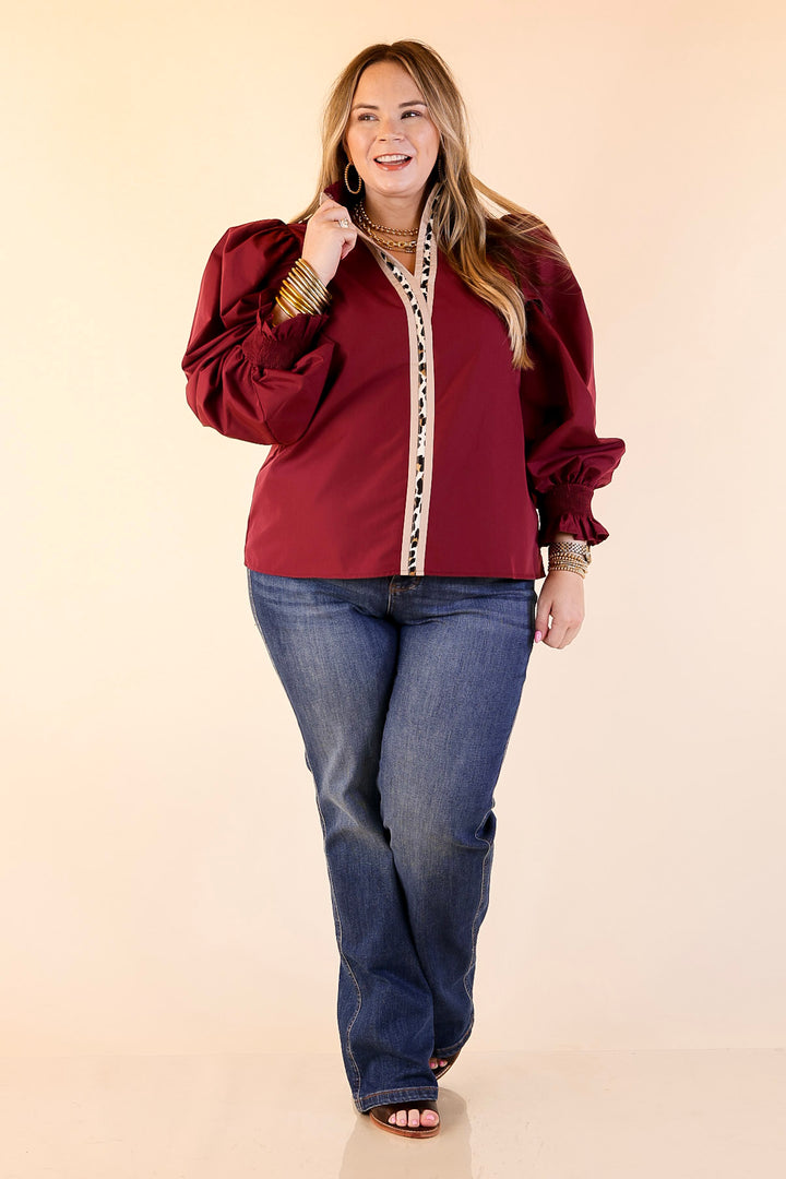 Trimmed in Style Puff Long Sleeve Blouse with Contrast Leopard Trim and Ruffle in Maroon