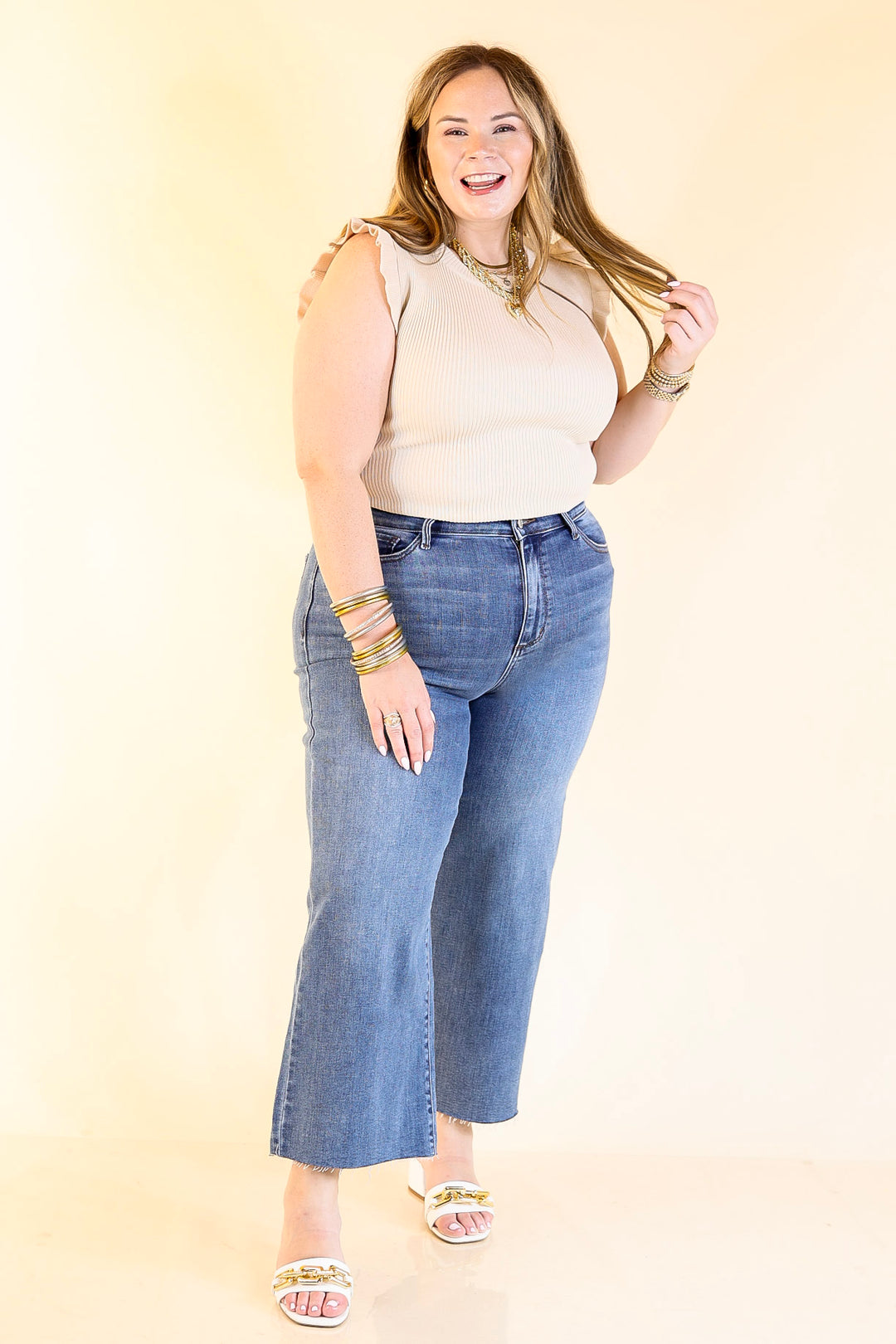 Flirty Frill Scoop Neck Top with Ruffle Sleeves in Ivory