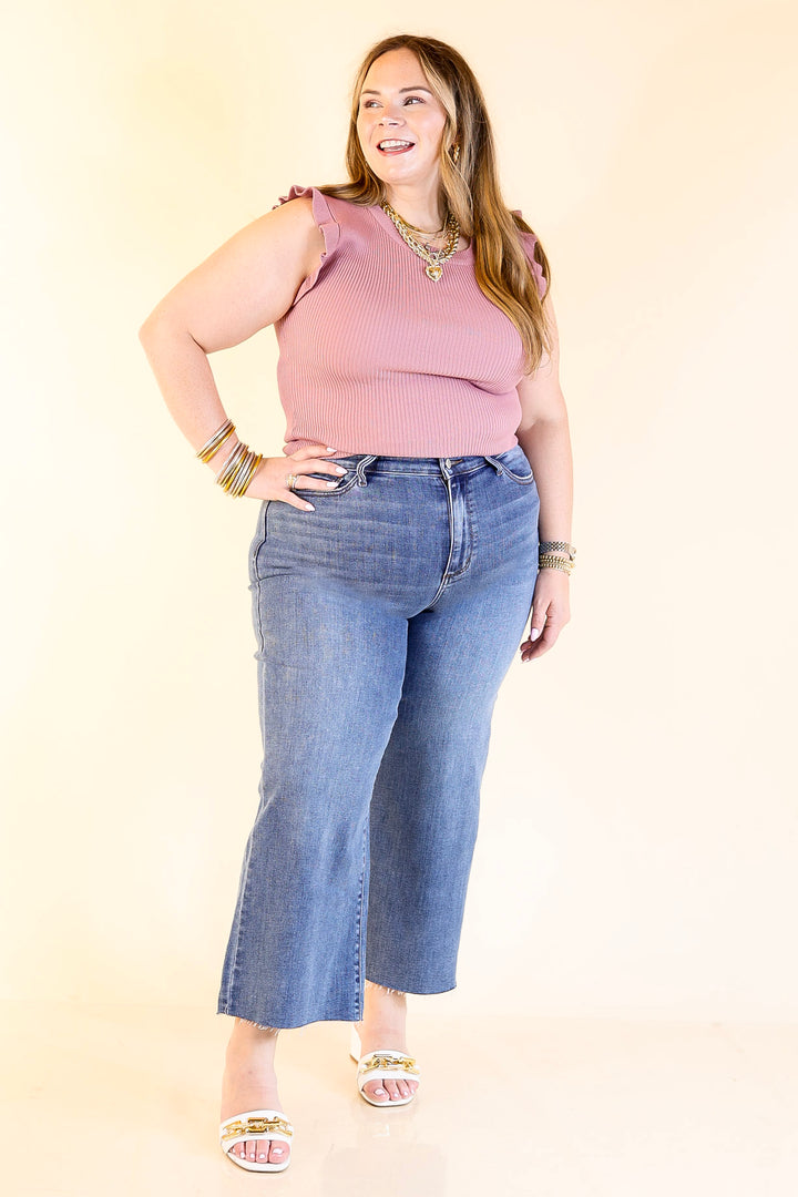 Flirty Frill Scoop Neck Top with Ruffle Sleeves in Mauve Pink