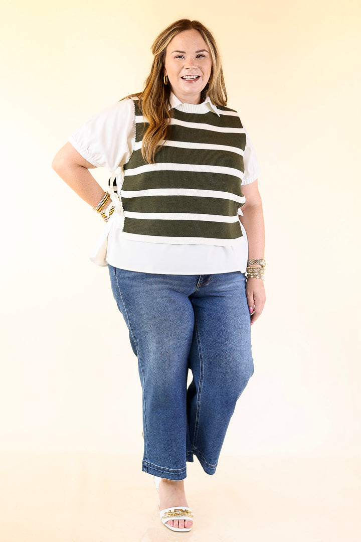 Tied Up in Style Knit Sweater with Side Ties in Olive Green with Off White Stripes