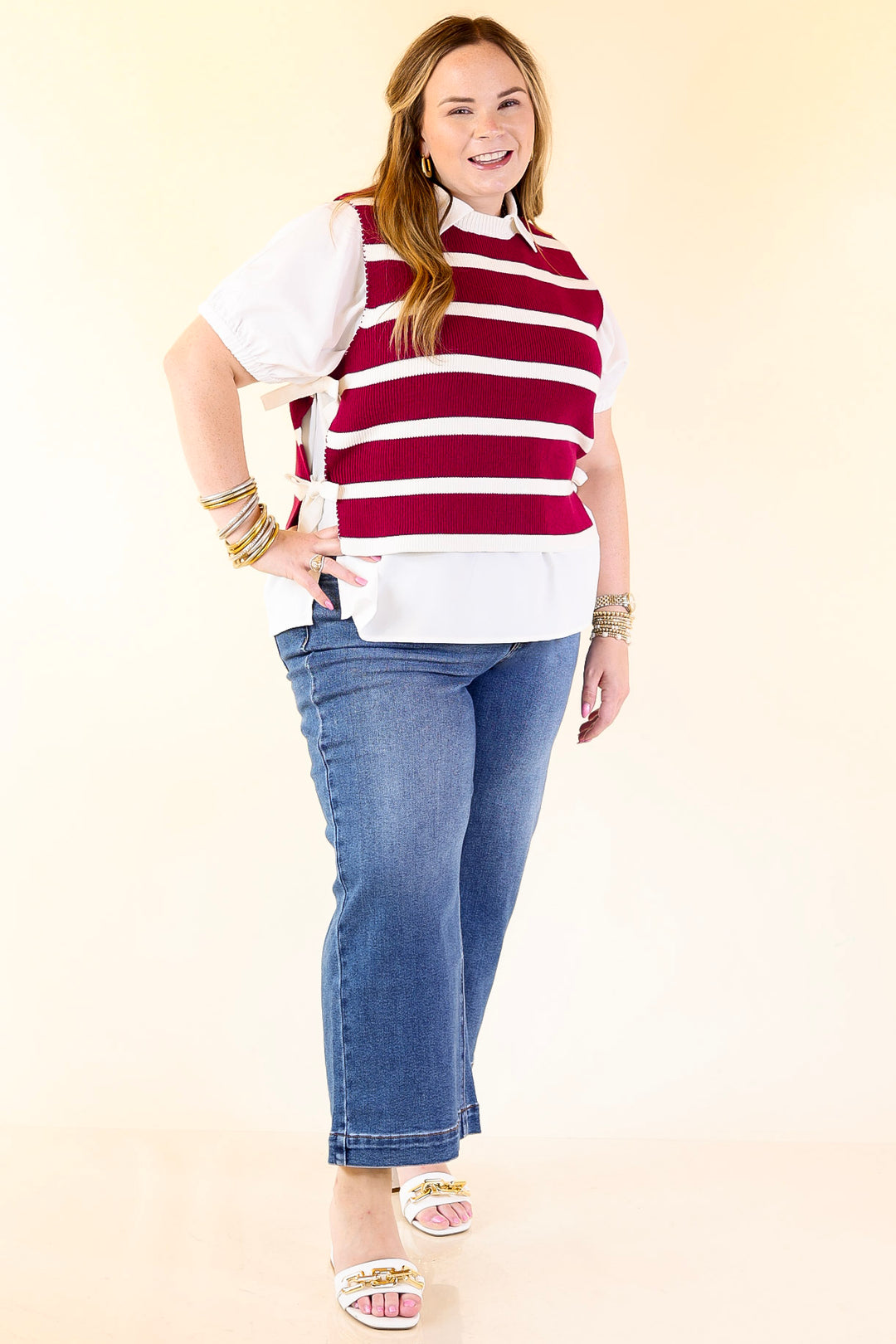 Tied Up in Style Knit Sweater with Side Ties in Maroon with Off White Stripes