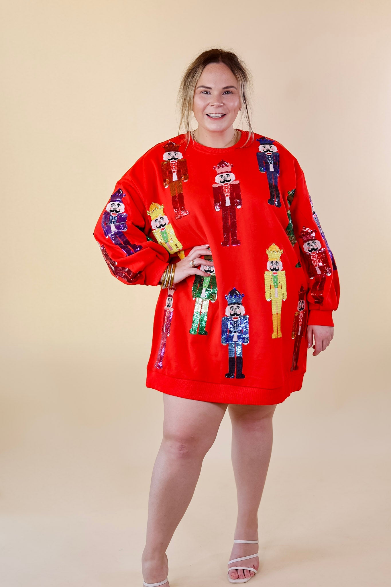 Queen Of Sparkles | Sequin Nutcracker Long Sleeve Graphic Sweatshirt Dress in Red - Giddy Up Glamour Boutique