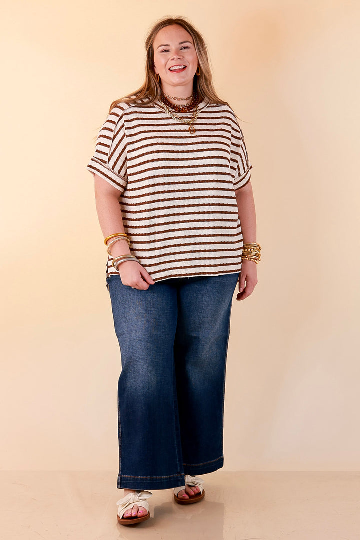 On The Daily Scoop Neck Short Sleeve Striped Textured Top in Chocolate Brown